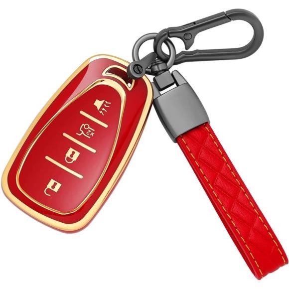 Chevy Key Fob Cover  |  4 Buttons TPU Protector with Leather Protection Keychain - Picture 1 of 2
